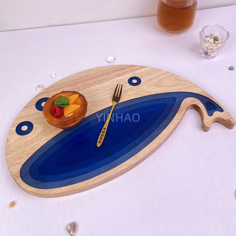 Custom Engraving Logo Acacia Wood Cutting Board with Epoxy Resin Whale Shaped Resin Cheese Board Charcuterie Board
