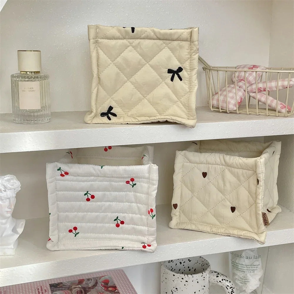 Quilted Plaid Bow Women's Sundries Storage Cases Small Cosmetic Bags Ladies Large Capacity Cotton Box Pouch Female Handbags