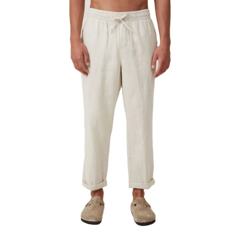 Customized Mens Casual 100% Linen Pants Wide Leg Solid Color Lightweight Elasticated Waist Straight Leg Linen Trousers
