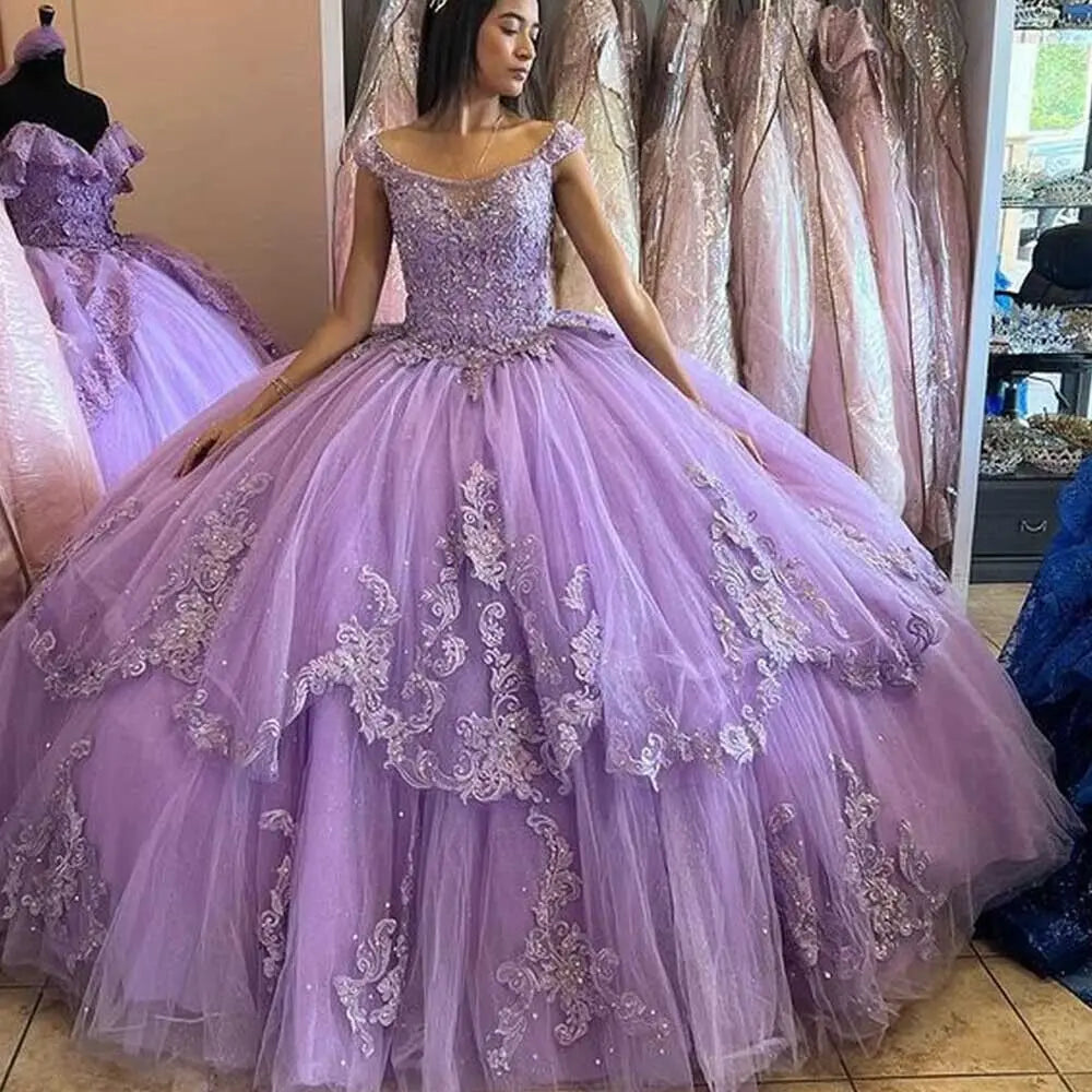 Lilac Quinceanera Dresses Ball Gown Sweet 15 16 Dress Off the Shoulder Beaded Lace Applique Graduation Party Gowns MQ491