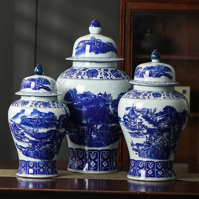 Blue and White Open Window Home Decoration Storage Ceramic Jar Antique Mountains and Rivers Pattern Ginger Jar