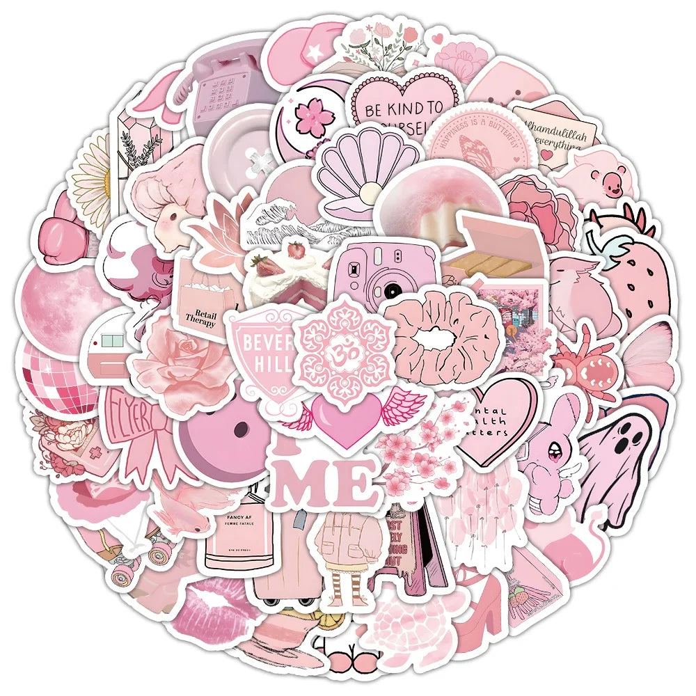 100pcs pink Cartoon VSCO Waterproof PVC Decorative Sticker Packs for Laptop Luggage Notebook Phone Bottle Cup Bike