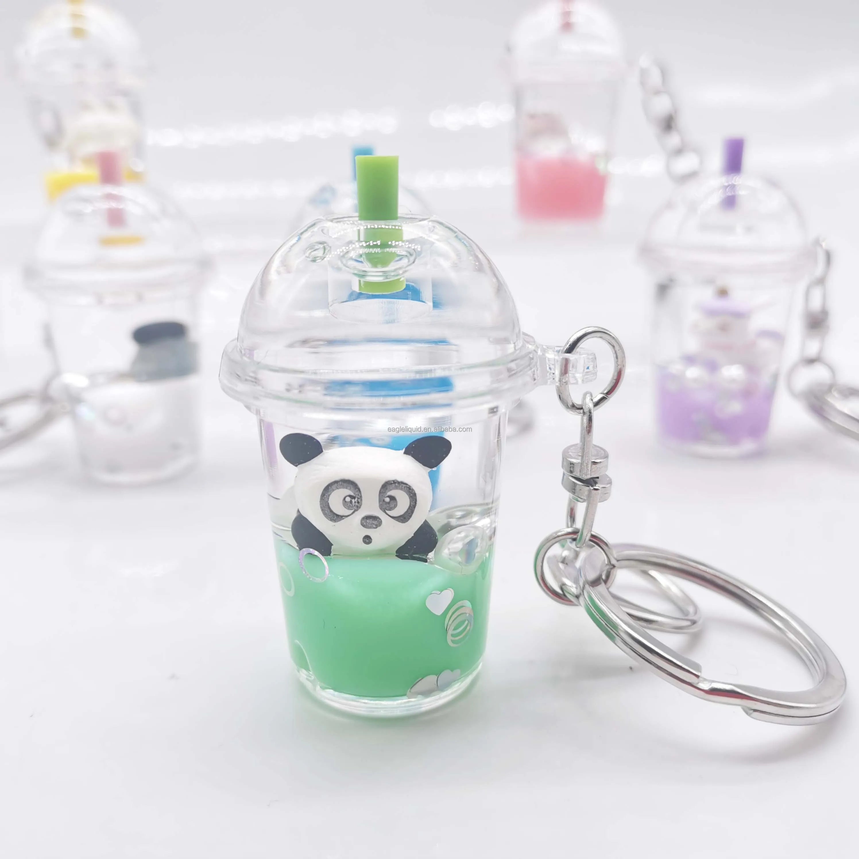 Cartoon Summer Into the Oil Floating Ice Panda Quicksand Milk Tea Cup Keychain Creative Pendant Acrylic Doll Keychain for Girl