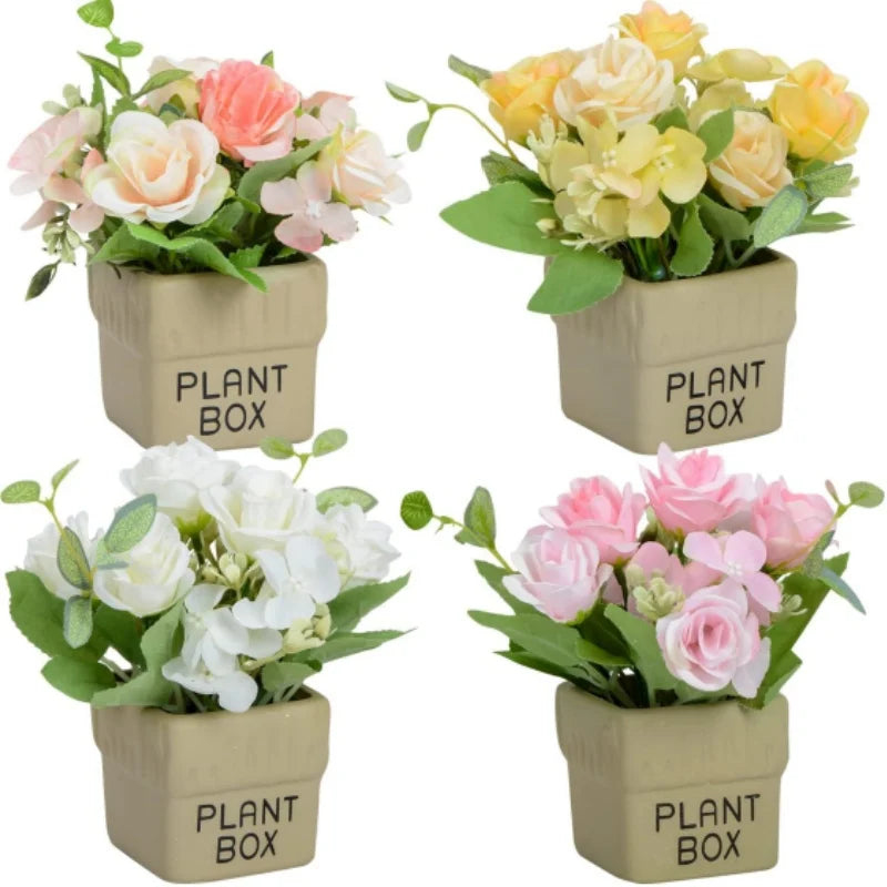 Artificial Potted Rose Flowers Mini Silk Rose Flowers in Ceramic Vase for Home Wedding Party Office Table Desk Decoration