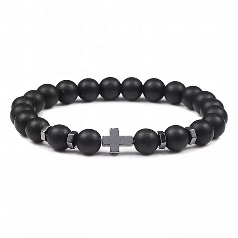 Fashionable 8mm Natural Stone Volcanic Rock Bracelet Black Gallstone Cross Beaded Bracelet for Women and Men