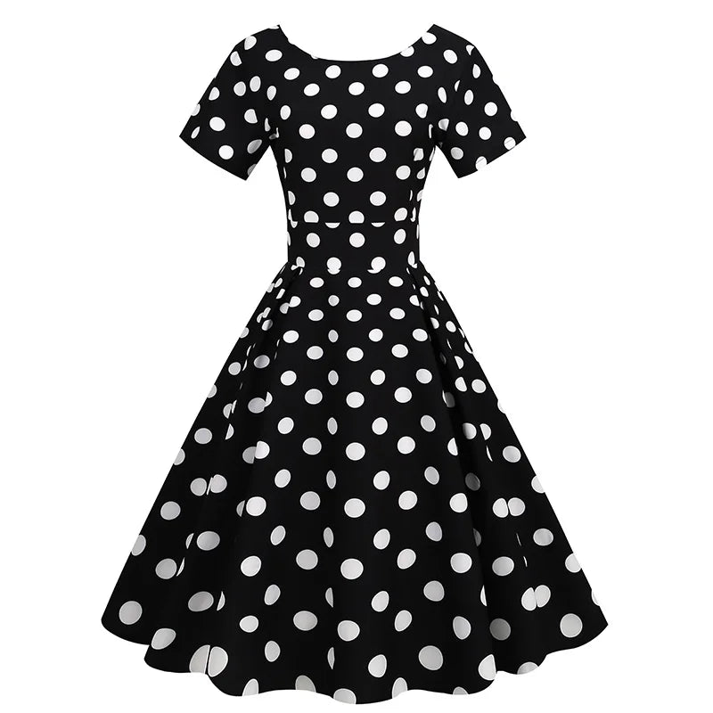 50s 60s Vintage Swing Dresses Women Dotted Short Sleeve High Waist Rockabilly Retro Dress