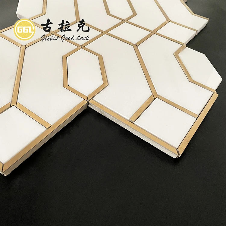 Brass Inlay White Marble in Hexagon Pattern Backsplash Tile