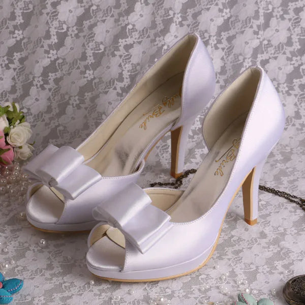 White Satin Platform Wedding Shoes for Women
