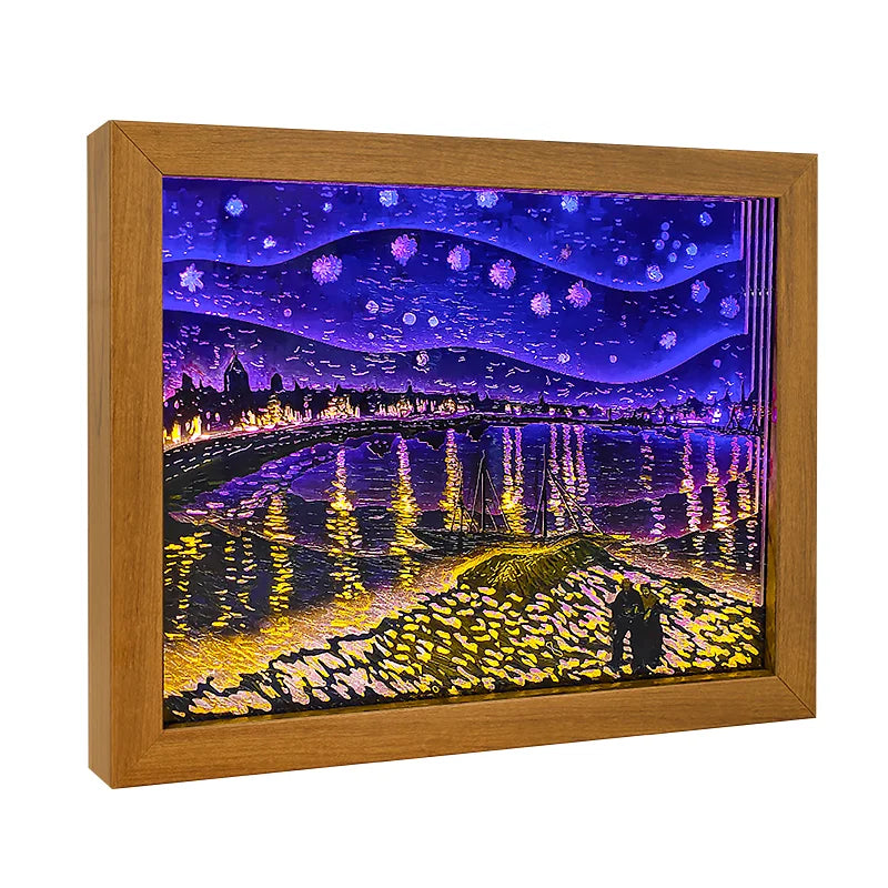 Starry Night on the Rhone Painting Led Night Light Shadow Box Framed Paper Cut Lighting Shadow Art Pictures for Home Decor