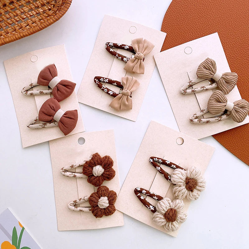 MIO Fashion Girls Headdress Snap Bow Bb Clip Sets 2pcs/sets Coffee Color Flower Crochet Side Hair Clip Metal Hair Barrettes