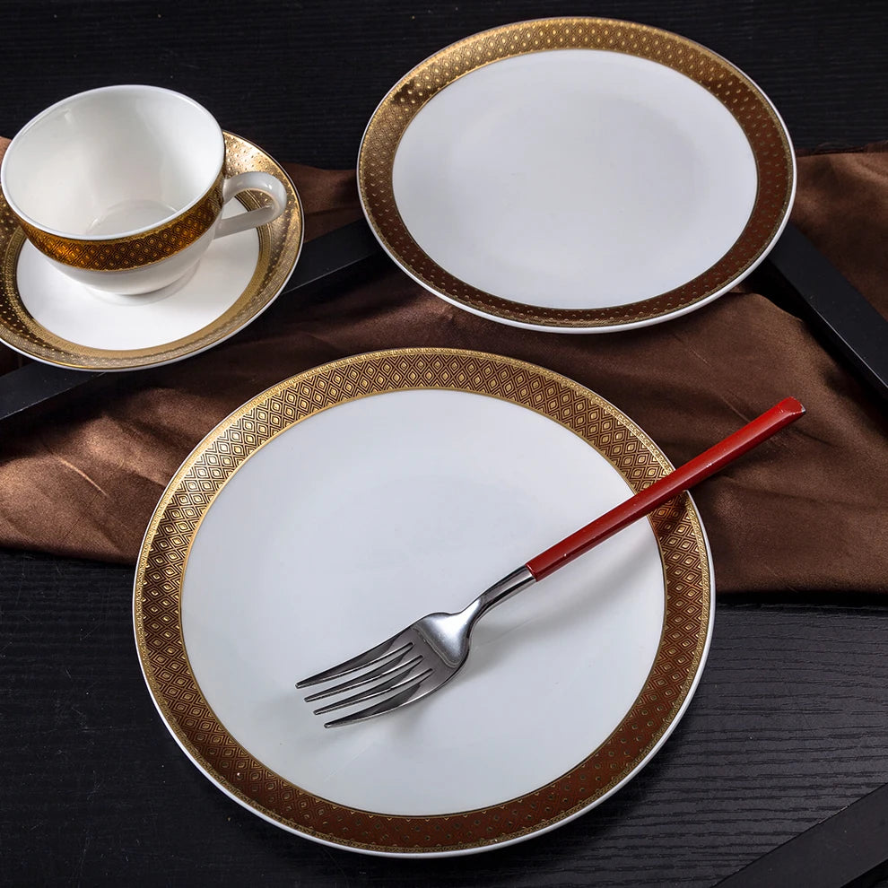 Shengjing Creative Hand-made White Gold Bone China Ceramic Dinner Plates & Dishes Eco-Friendly Microwave Safe for Party