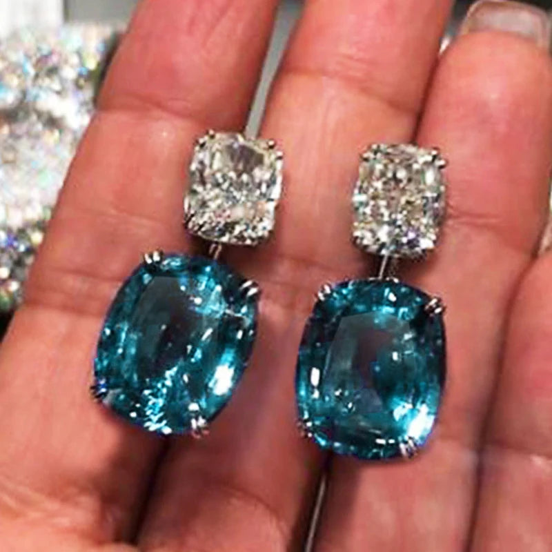 CAOSHI Hot Sell Cubic Zirconia Peacock Blue Crystal Stud Earrings Silver Color Cushion Cut Zircon Drop Earrings Women