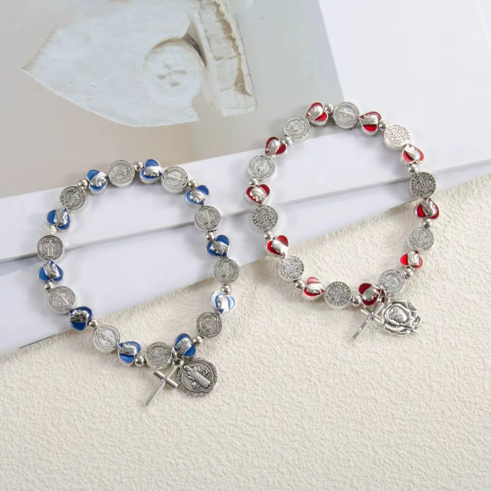 Religious Jewelry Alloy Cross St. Benedict Medal Charm Enamel Heart Prayer Bead Elastic Bracelet Handmade Accessory