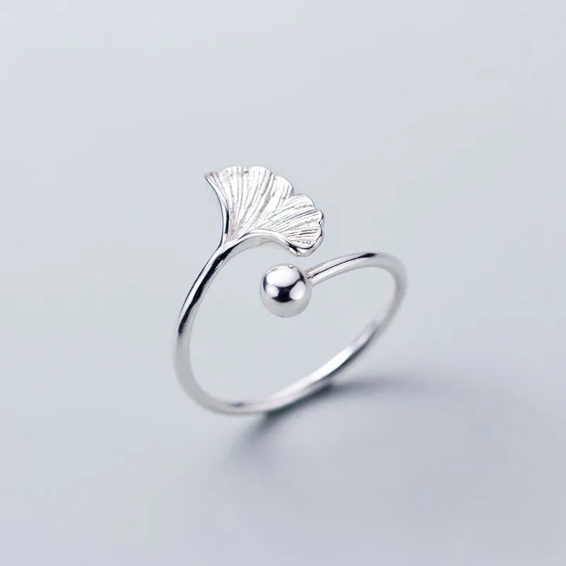 Ginkgo Leaf Shape Adjustable Open 925 Sterling Silver Finger Knuckle Rings Fashion Jewelry for Women Girls