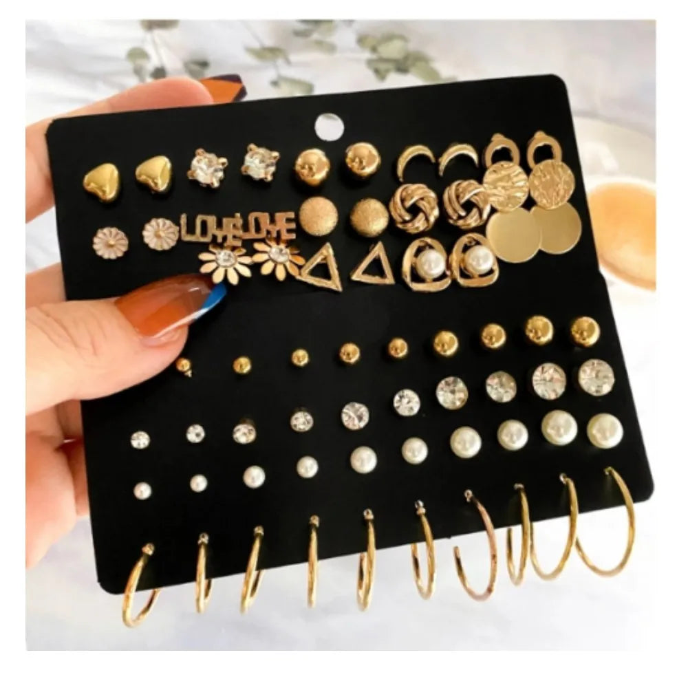 New Fashion Women Trend Jewelry Crystal Stud Earrings Set Korean Geometric Gold Metal Tassels Hoop Pearl Earrings