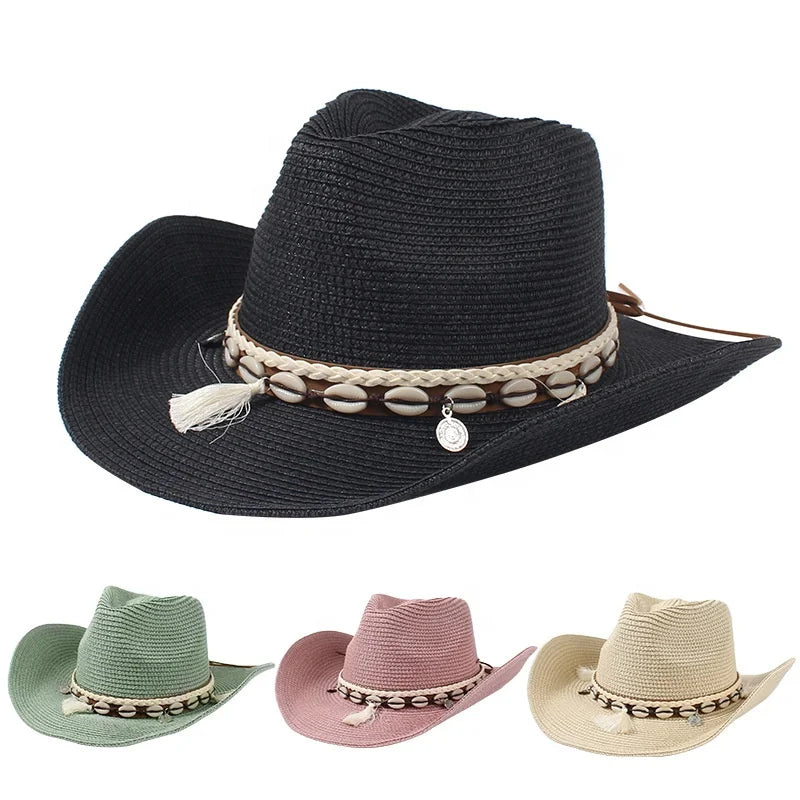 WD-A893 Wholesale Paper Beach Straw Cowboy Hat Summer Travel Party Sunscreen Shell Tassel Decoration Unisex Adult