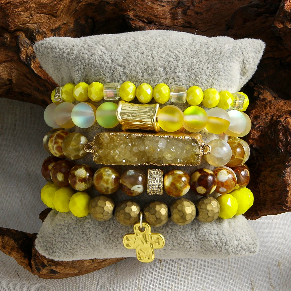 Fashion Boho Jewelry 5pcs Natural GemStone Seed Crystal Glass Elastic Bracelet Alloy Open Cuff Bangle Druzy Stack Bracelet Set