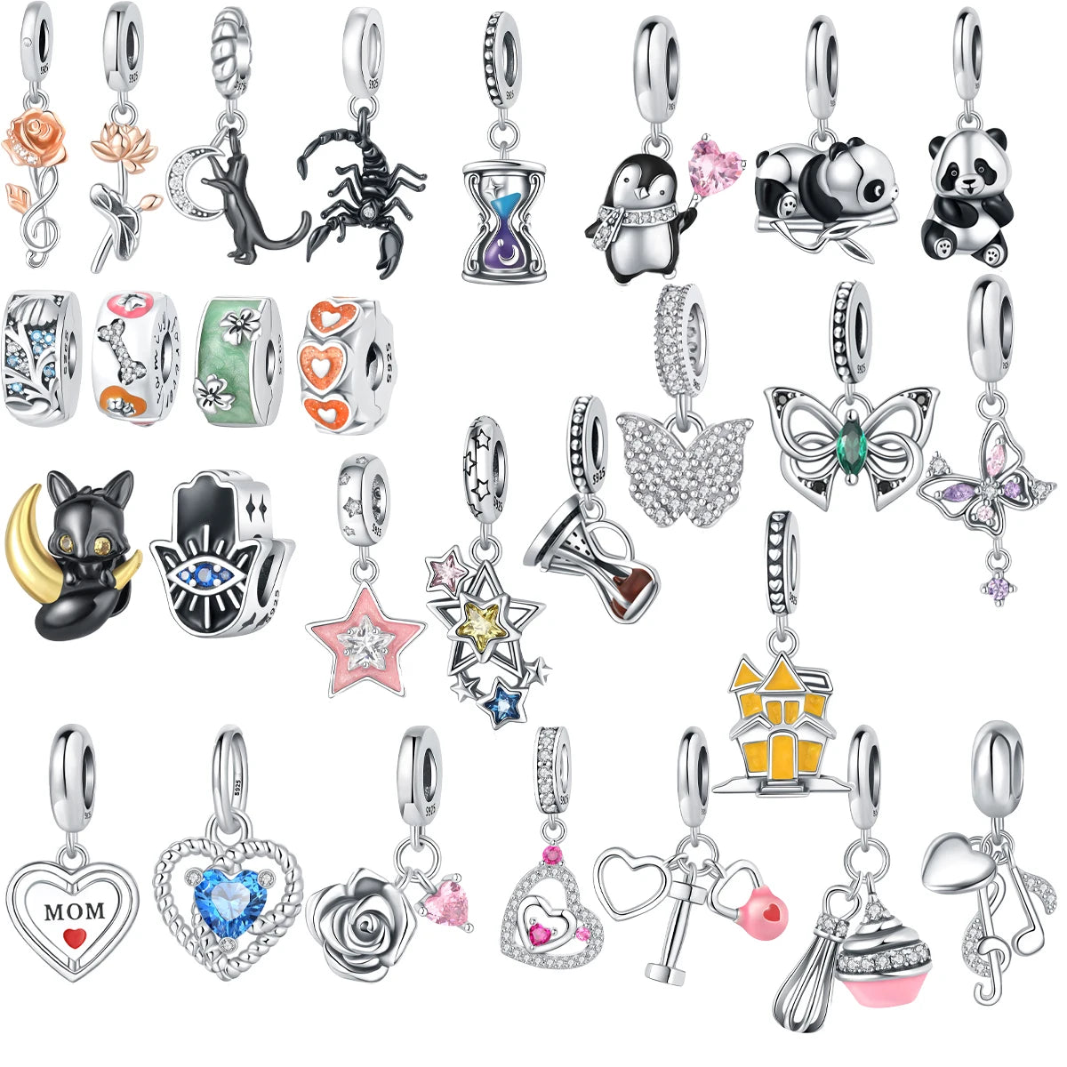Fine Jewelry Charms Charm Plata 925 S925 Silver Animal Panda Penguin Heart Securing Clip Pendant for Bracelet Necklace Making