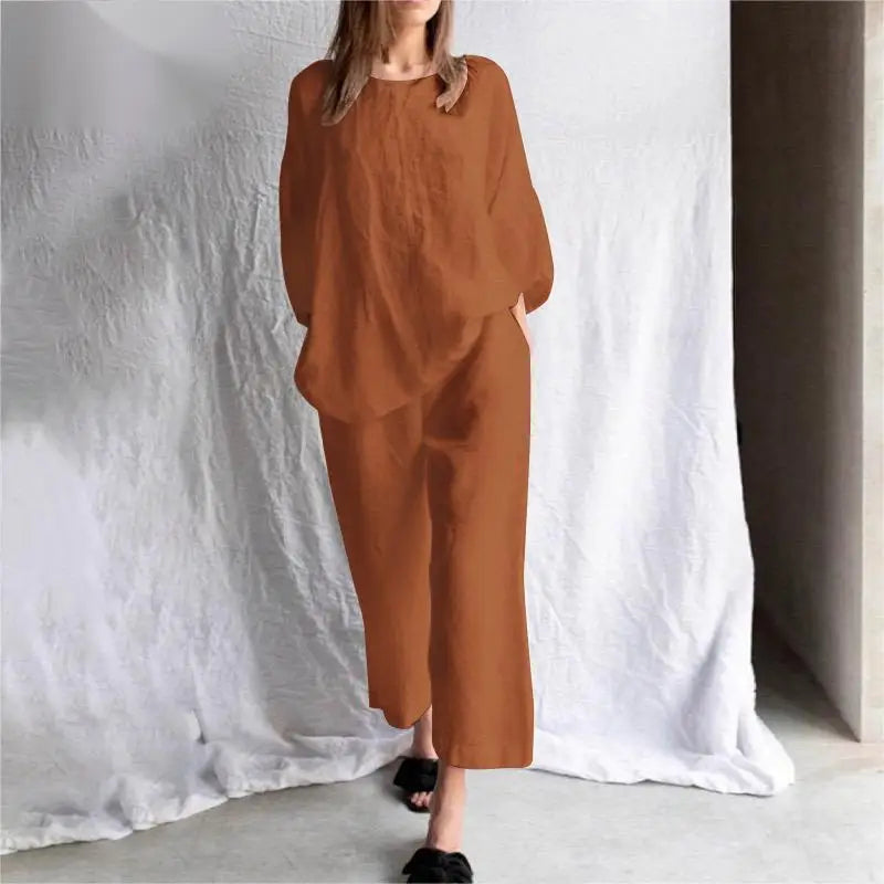 10%OFF S-XXL Fashion Women New Cotton Linen Blended Casual Loose Solid Color Suit Trousers Crew Neck Top Two Piece Set