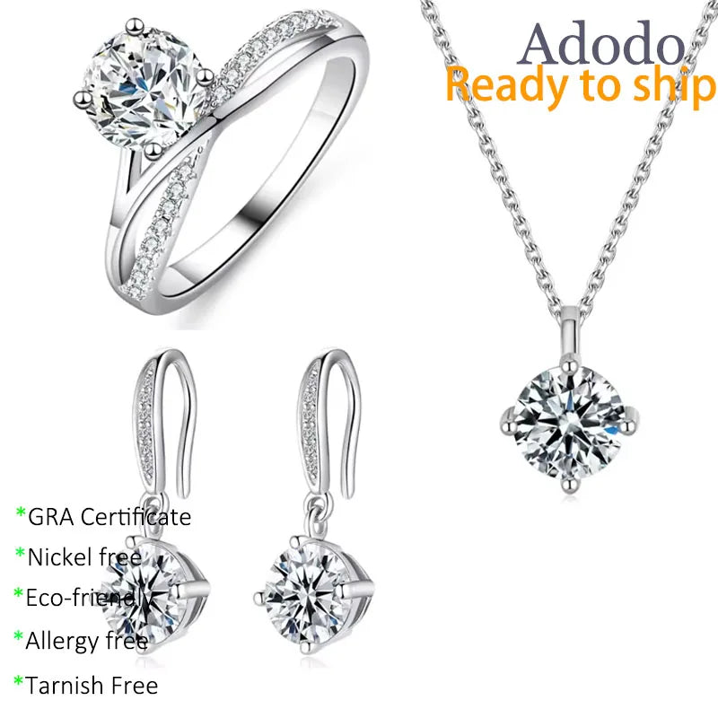 Adodo Factory S925 Silver Jewelry Set 8A Zircon Round Cut Real VVS Moissanite Pendant Necklace Earring Rings for Women