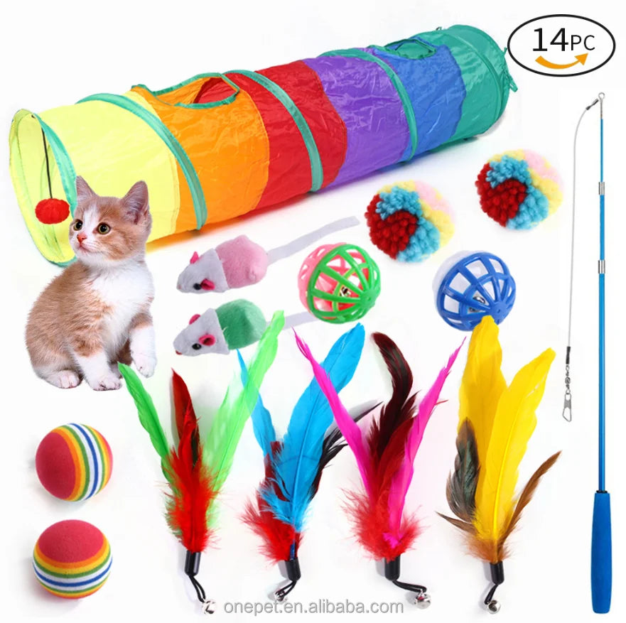 Interactive Pet Cat Toy 14-Pack Modern Rainbow Tunnel Set with Bell Ball Fishing Rod Teaser Stick Mouse for Playing Dogs