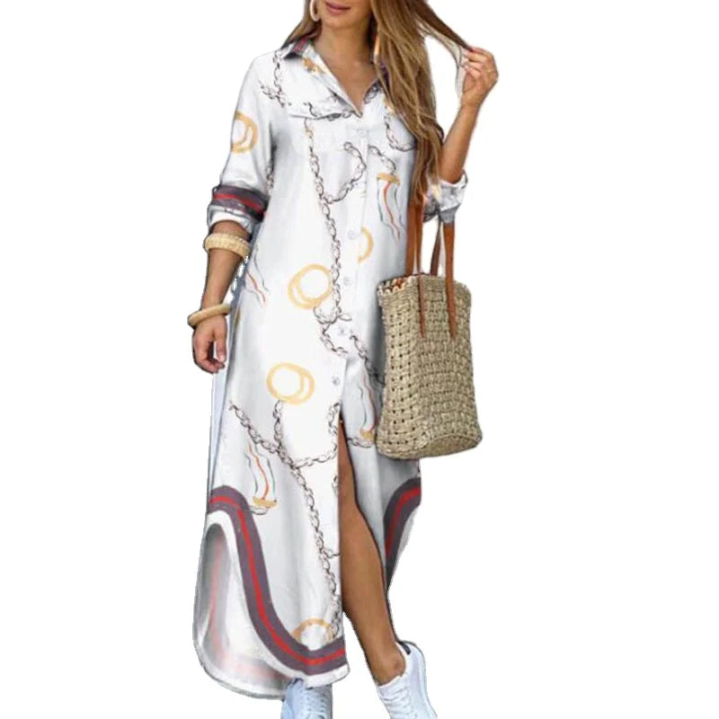 Fashion Women Long Sleeve Shirt Dress Autumn Printed OL Long Dresses Ladies Turn-down Collar Loose Sundress Party Dresses