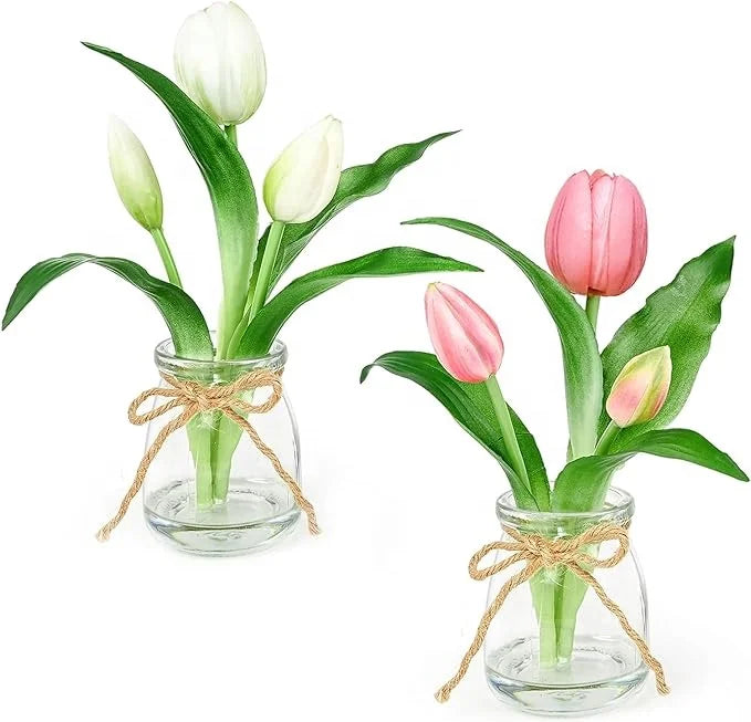 Wonder Brand Real Touch Artificial Flowers Glass Vase Modern Luxury Design Customized Colors Pink Tulips Tabletop Faux Water