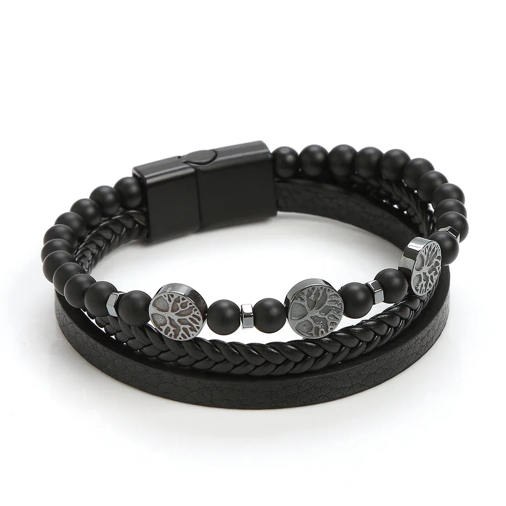 Fashion Jewelry Multi Layer Leather Lava Stone Bead Tree of Life Bracelet