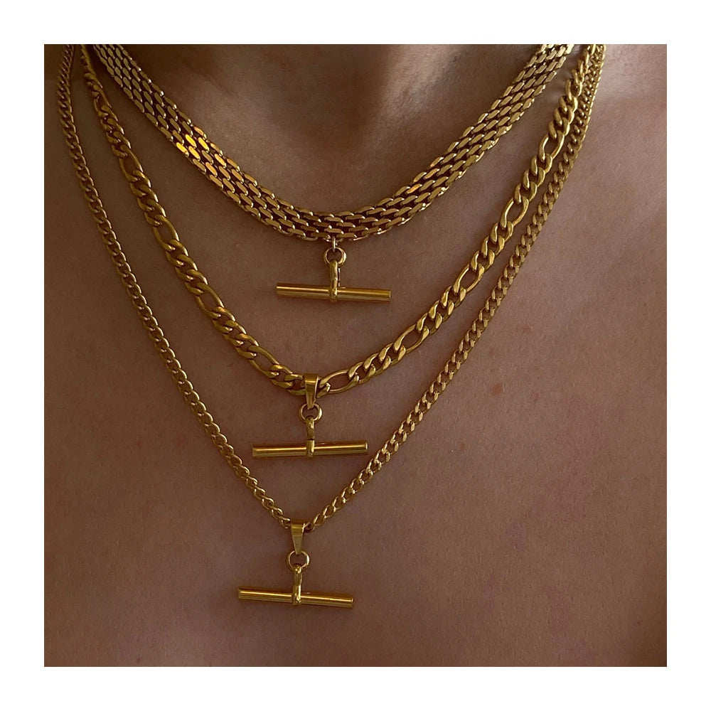 New Trendy Women Jewelry Set T Bar Necklace Modern 18K Gold Plated Stainless Steel Minimalist Layered Necklace YF7001