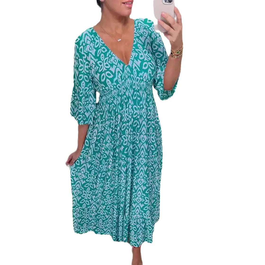 New Women's Super fairy V-neck Floral Dress Seaside Vacation Beach Dress Digital Printing Loose Long Skirt