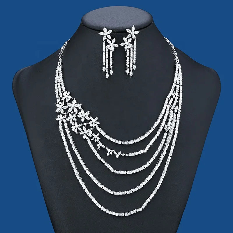 Romantic Women's Jewelry Set Classic Trendy Copper Pendant Necklace with Zircon Earring Flower for Engagement Wedding Parties