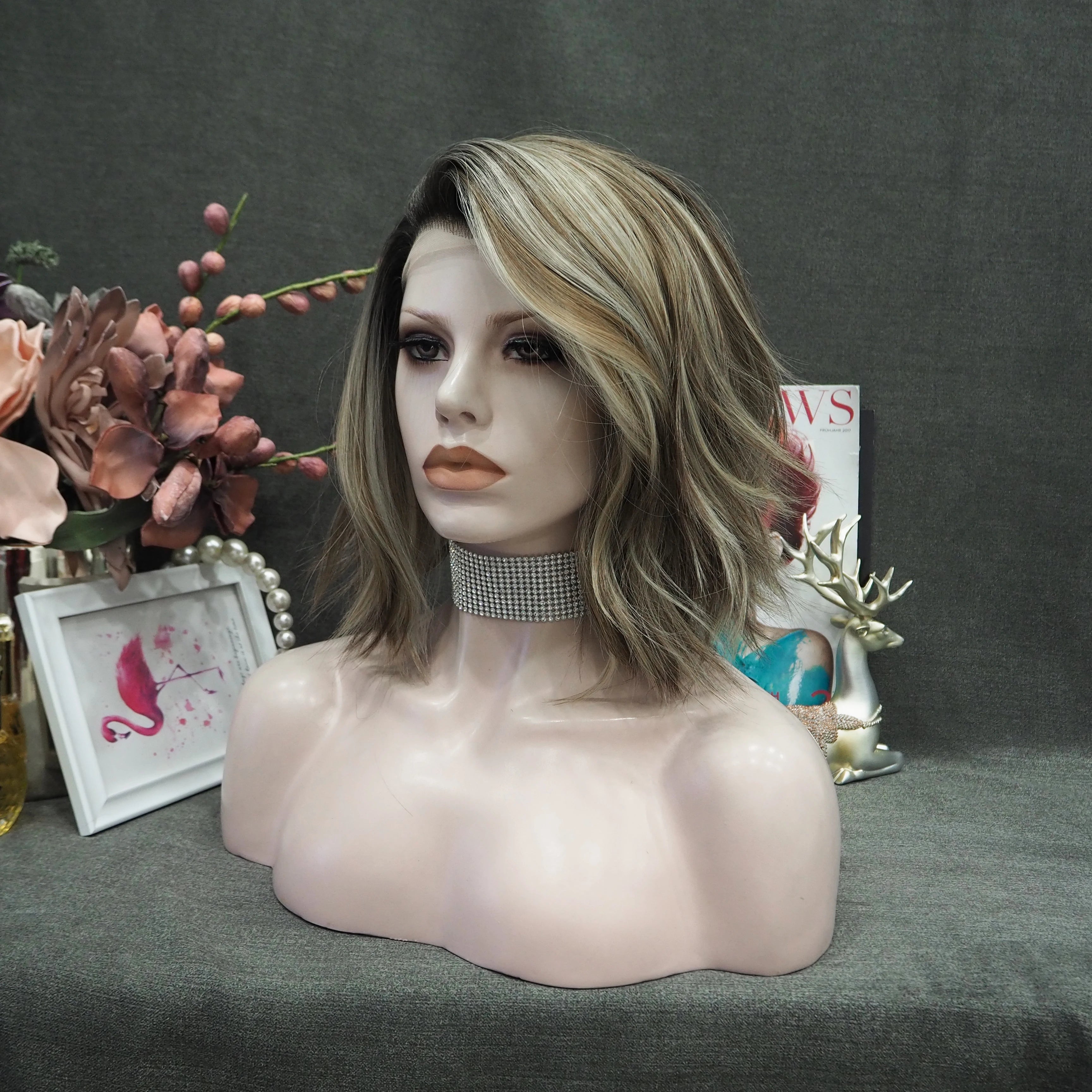 Celebrity Ombre Brown Color  Highlight Color Natural Hairline Synthetic Lace Front Wigs for Daily in Natural Shade Color