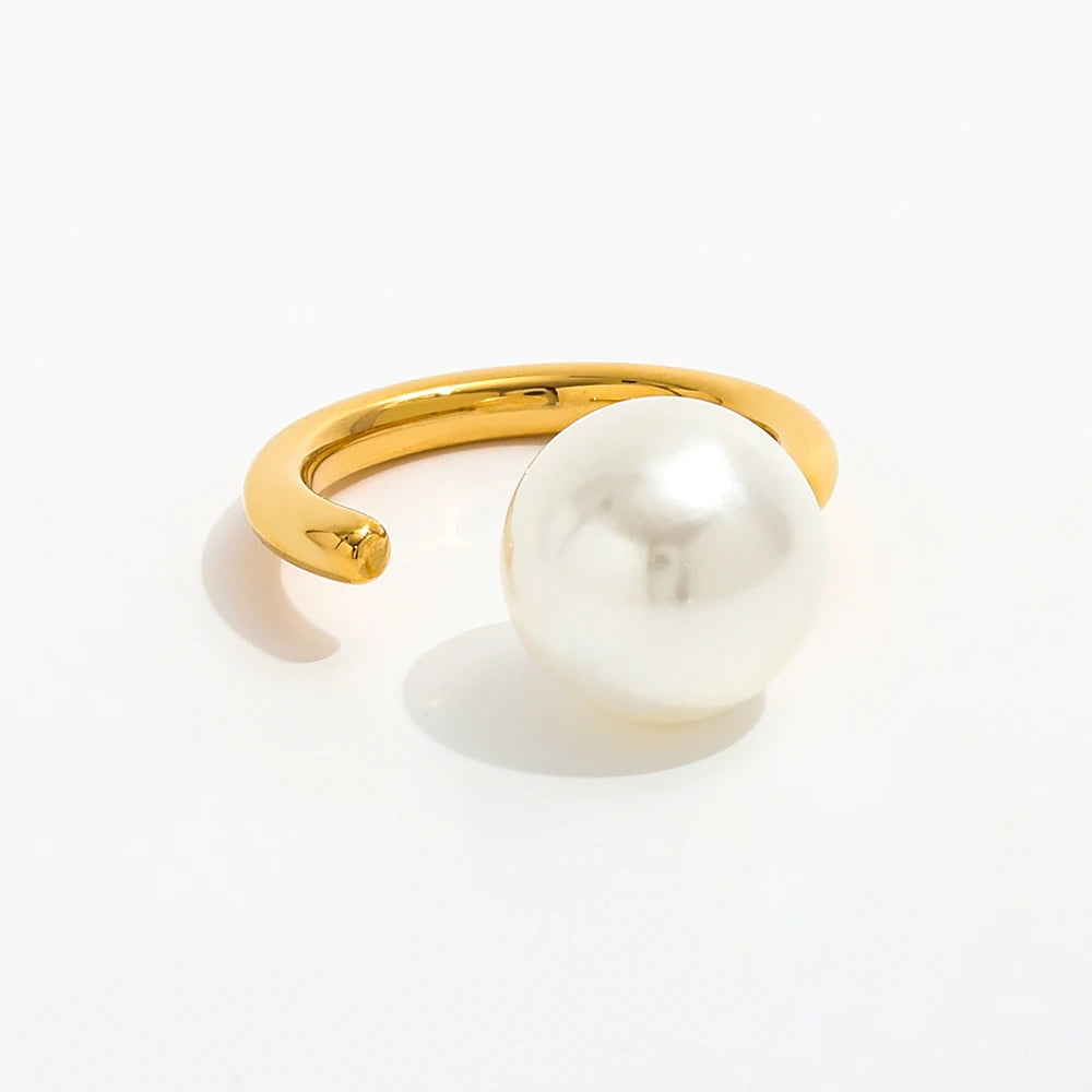 High End Women's Stainless Steel Open Ring 18K PVD Gold Plated Single Big Fresh Water Pearl Tarnish Free Fashion Jewelry Gift