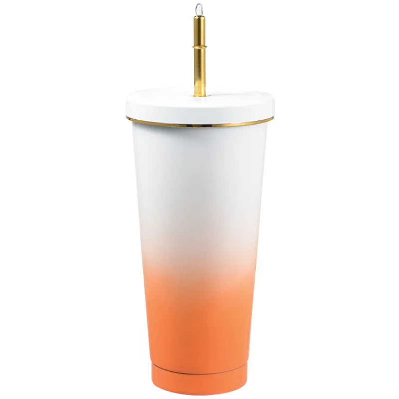 Mikenda Straw Mug Vacuum Water Mug 500ml Cold and Hot Bottles Stainless Steel Tumblers Mugs with Gold Rim