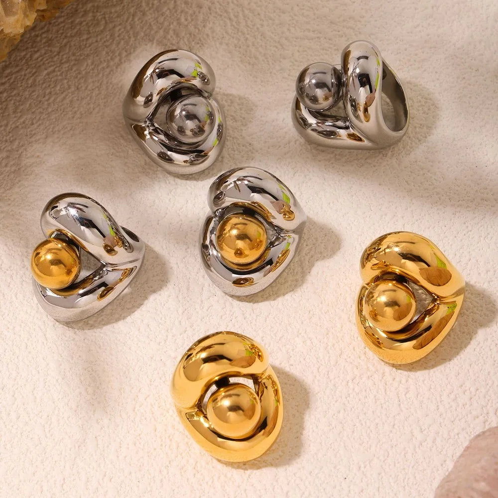 Exaggerated Large Chunky Double-layer Round Bead Ring Stainless Steel Plated 18k Gold Non-fading Index Finger Ring Female