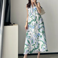 Custom Sleeveless Flower DTG Prints V Neck Women's Elegant Skirts A-Line Linen Maxi Long Dress