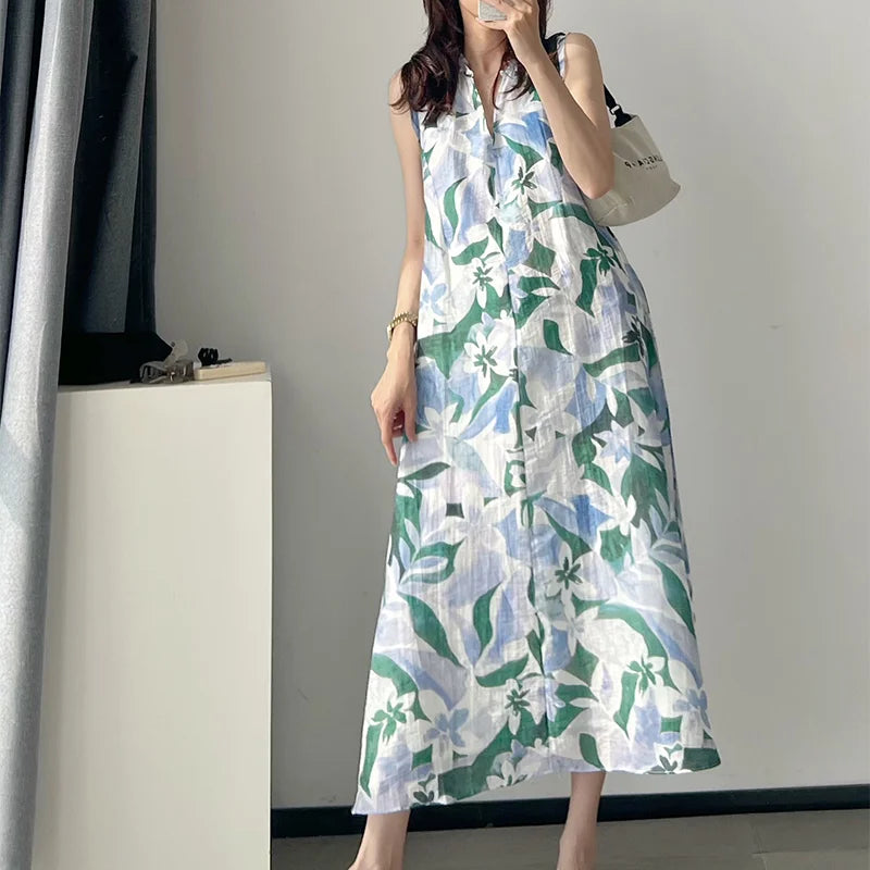 Custom Sleeveless Flower DTG Prints V Neck Women's Elegant Skirts A-Line Linen Maxi Long Dress