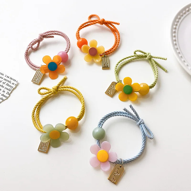 Jelly Flower Elastic Hair Bands With Plastic Ball Kids Knotted Rubber Hair Ties for Girl Daisy Hair Scrunchies Ponytail Holder