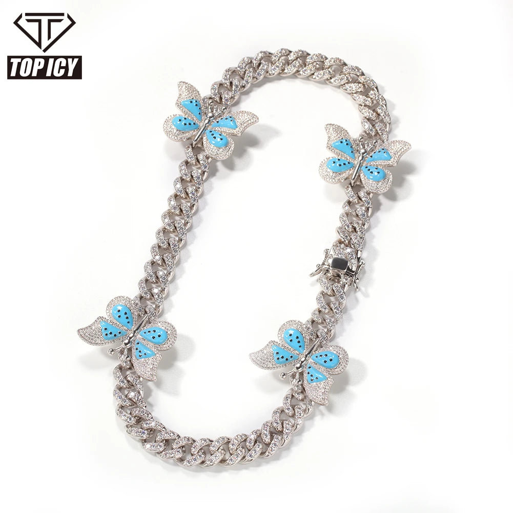 2020 Hiphop Iced Out butterfly Necklace Choker Cuban Link Chain Miami Zirconia Real 18k Gold Plated Chain Women Rapper Jewelry