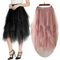 Womens Double Layer Mesh Tutu Skirts Asymmetrical Dress a Line Bridal Gowns Pleated Midi Dresses Tulle Skirt