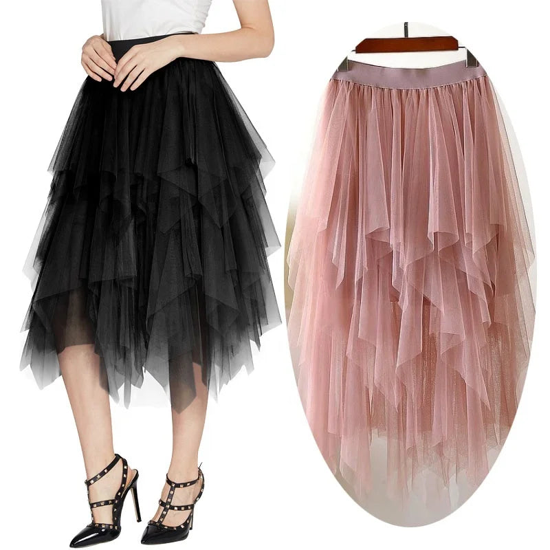 Womens Double Layer Mesh Tutu Skirts Asymmetrical Dress a Line Bridal Gowns Pleated Midi Dresses Tulle Skirt