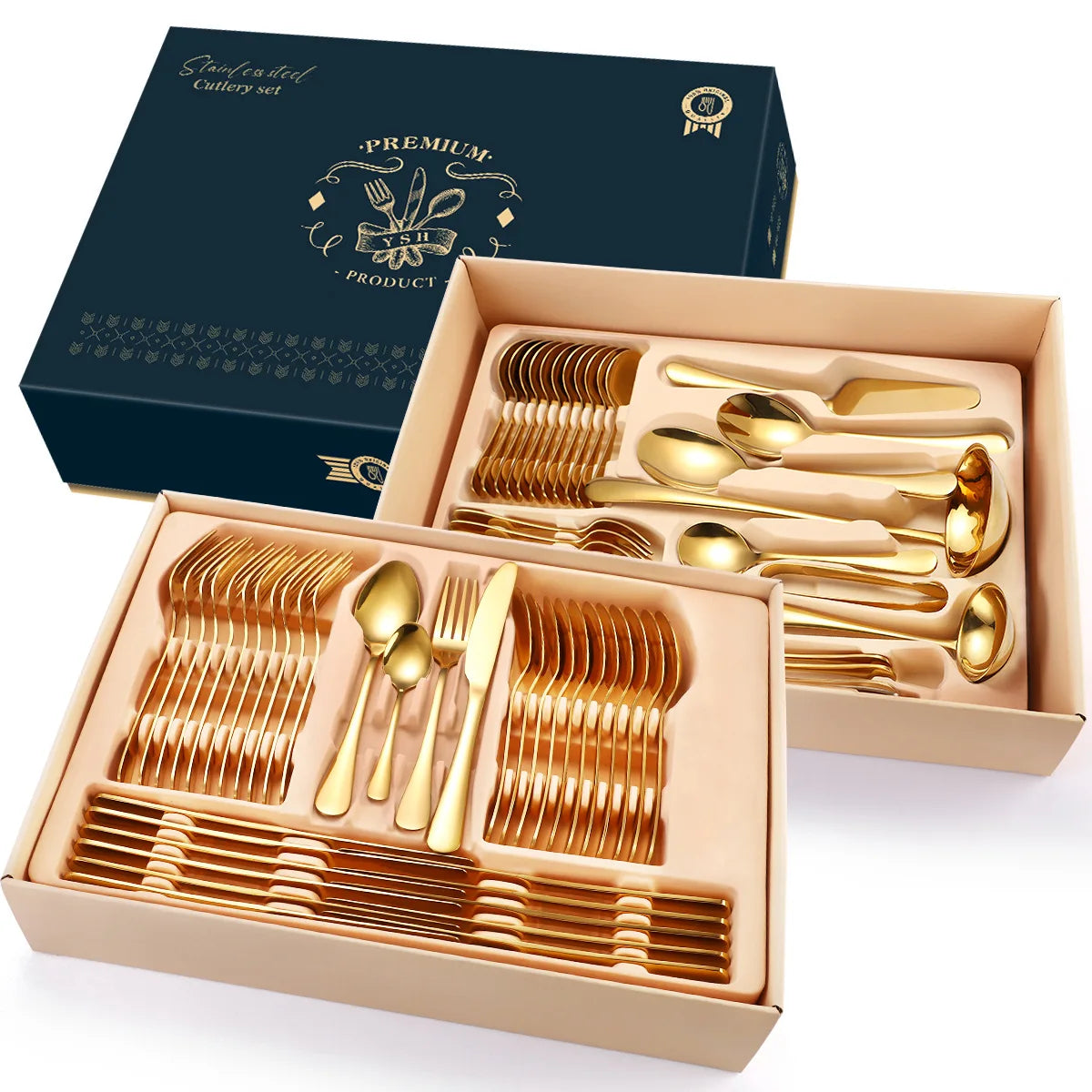 In Stock 72/84 Piece Stainless Steel Cutlery Set Wedding Serving Utensils Gold Cake Spatula Knife Fork Spoon Gift Box MegaBDM