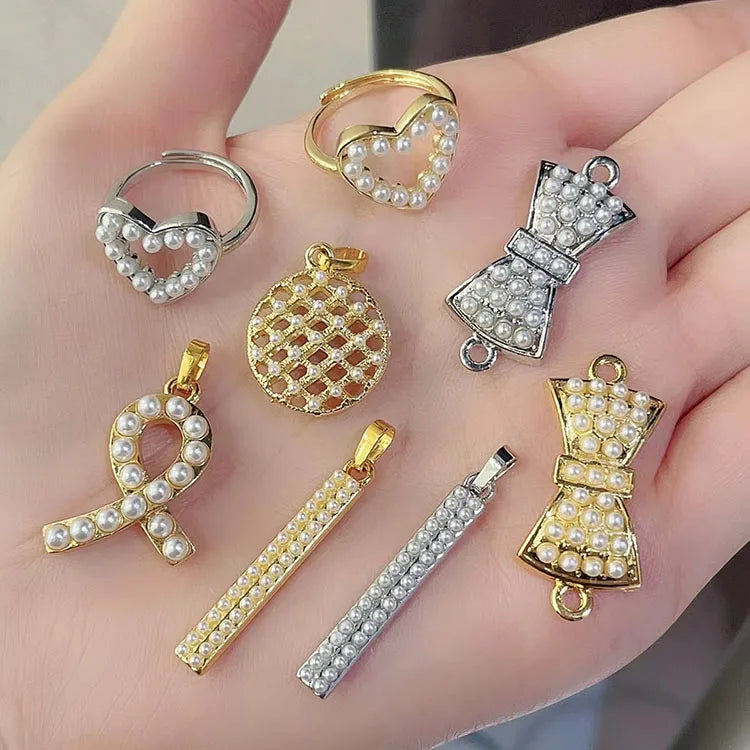 CZ8720 Chic Dainty 18K Gold Plated Seed Pearl Breast Cancer Awareness Bow Bar Stick Charm Pendant Jewelry Making Supply