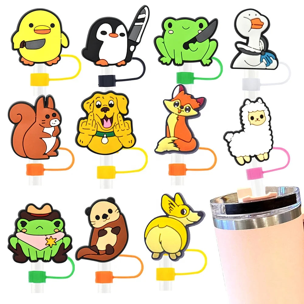 Customized Silicone Drinking Straw Toppers Cover Cute Animals Straw Charms for Tumblers Cheap Silicone Straw Toppers