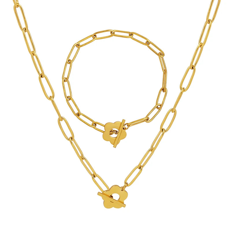 Lovely plum Flower OT Buckle Necklace Bracelet Personality Thick Chain Necklace Bracelet Jewelry Sets