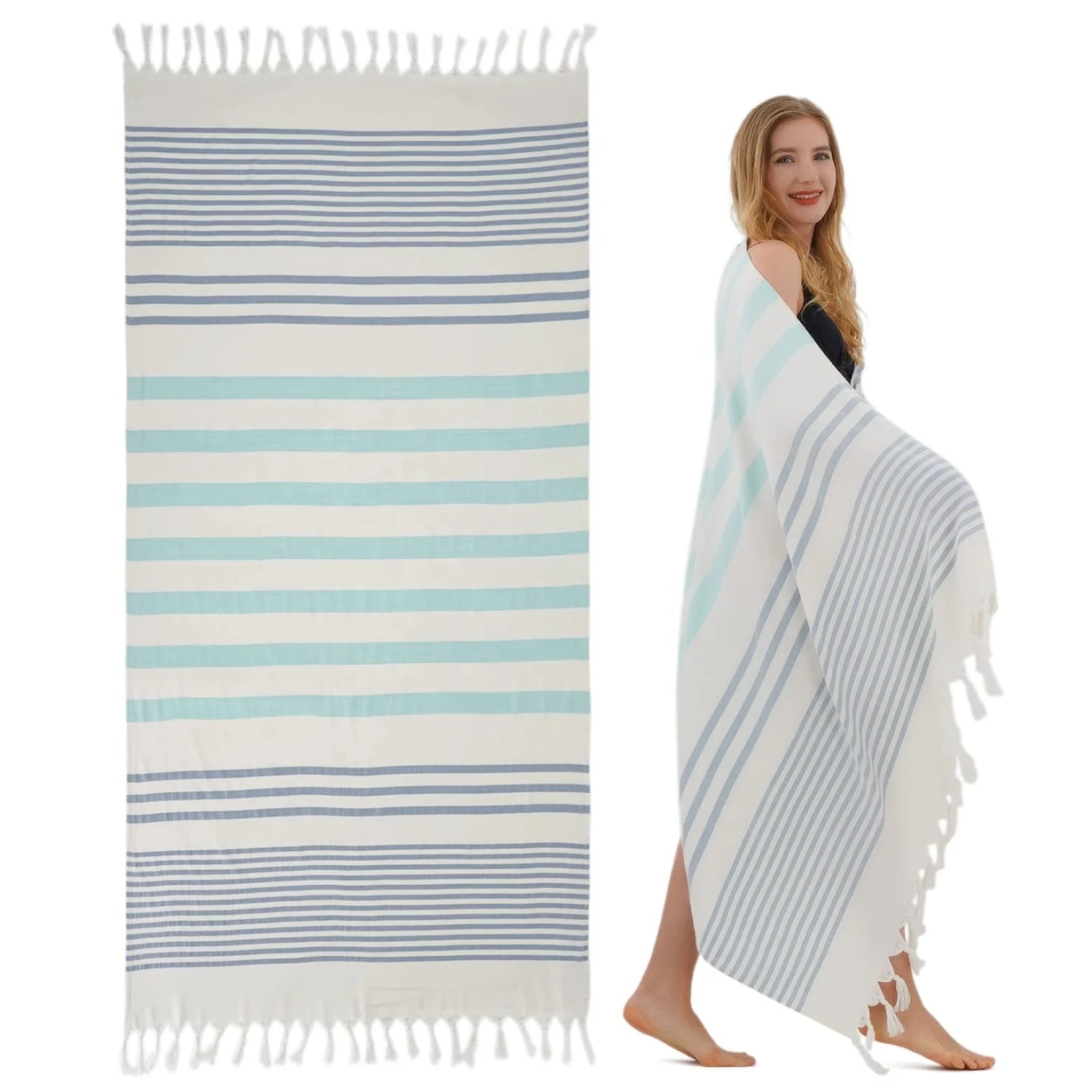 Eastsunshine Custom Extra Large Cotton Turkish Beach Towel with Tassels Digital Print Striped Bath Towel for Summer