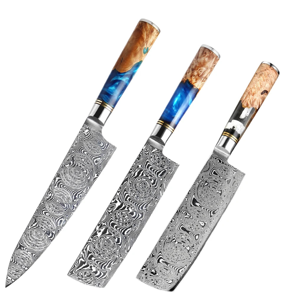 XITUO Damascus Chef Knife 8 Inch Professional Kitchen Knife Hot Sale VG10 Knife Blue Resin and Color Wood Handle Cooking Tool
