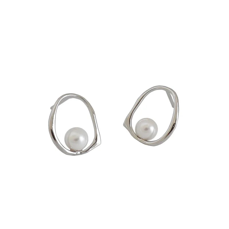 Wish Jewelry New Arrival Hollow Irregular Geometric Round 925 Sterling Silver Earrings Women Gold Baroque Pearl Stud Earrings