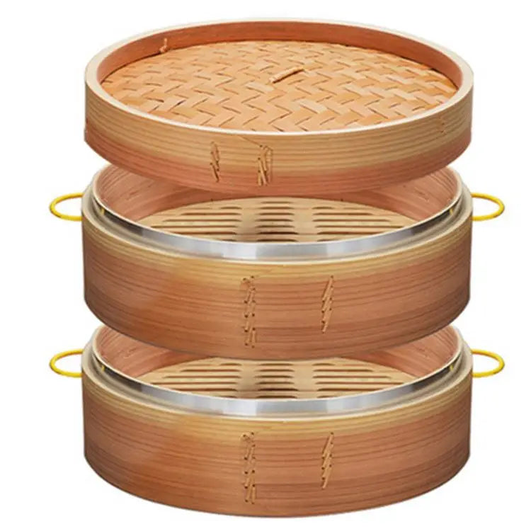 ESTICK 10 Inch 25.4Cm Bamboo Steamer Set 304 Stainless Steel 3-Layer Steamer Ring Old Type Cookware for Food Cooking