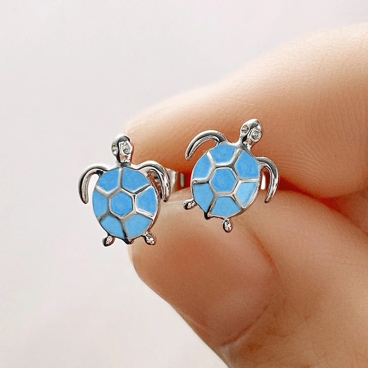 CAOSHI Latest Sea Blue Turtle Shape Stud Earrings Silver Plating Enamel Cute Cartoon Animal Earring for Women Girls